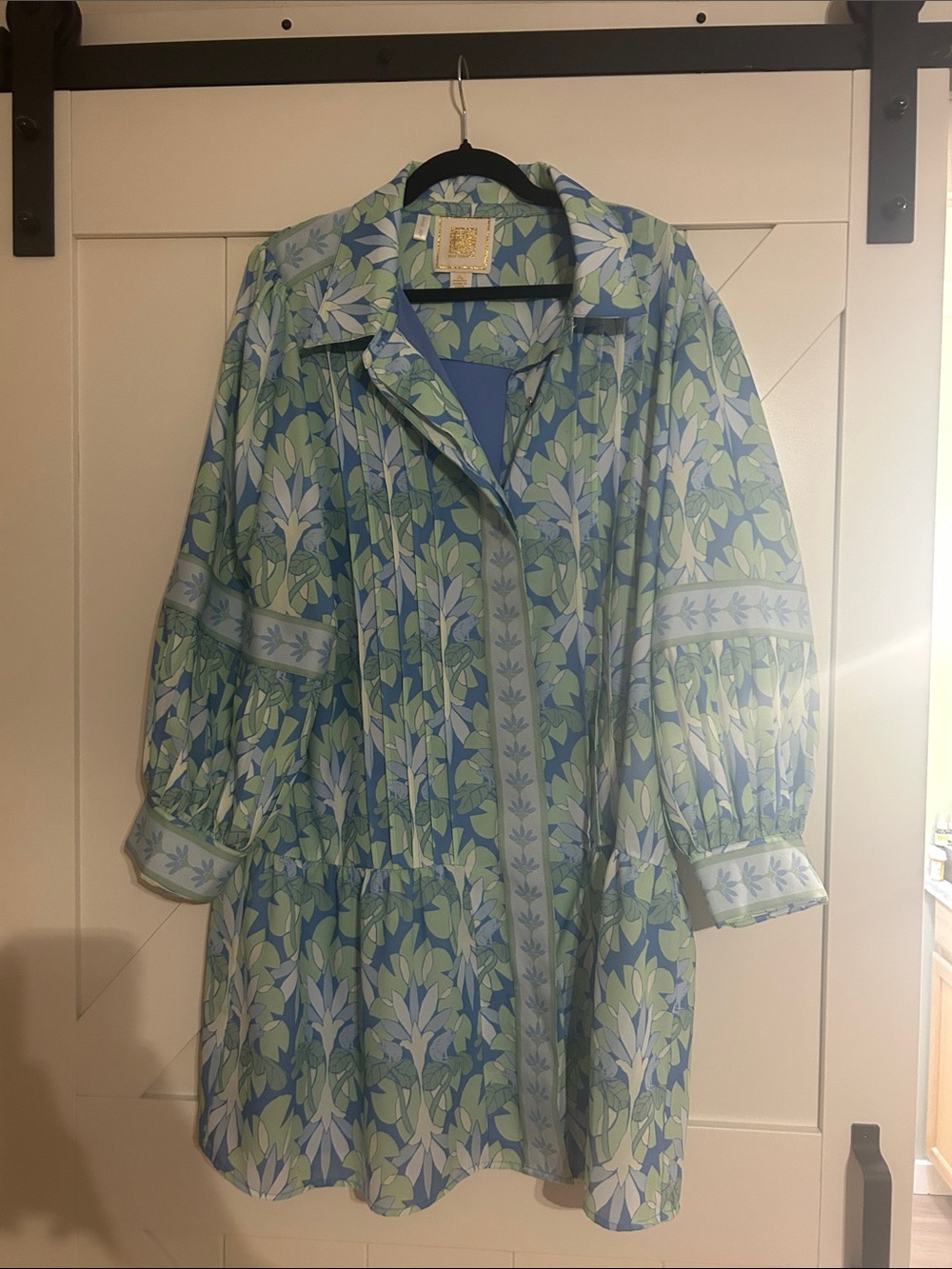 Floral Print Mini Dress in Blue & Green - Collared Tunic Style